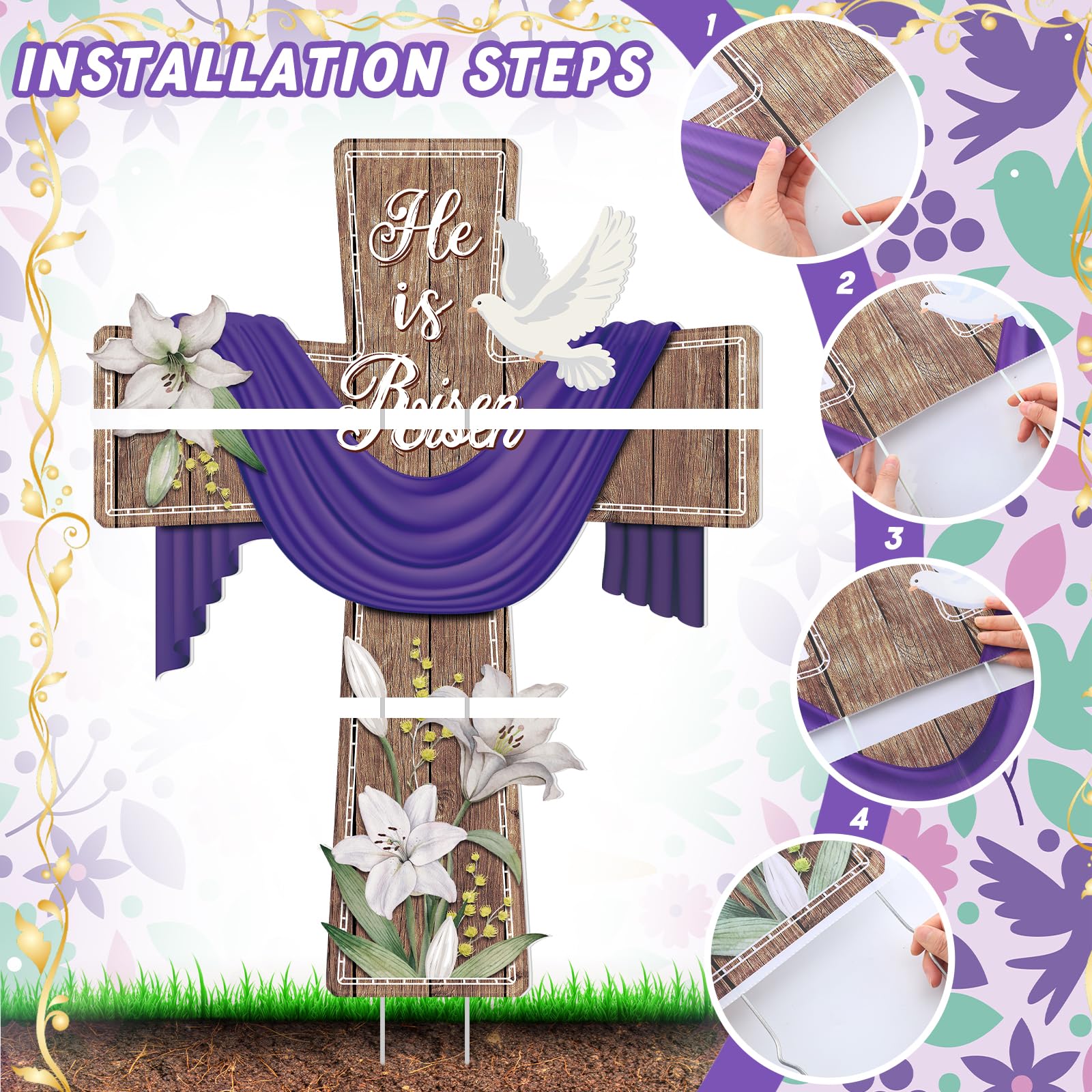 Baquler Easter yard cross with lily and dove, ideal for spring garden display.