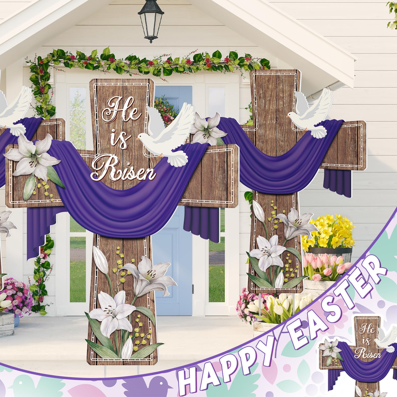 Baquler Easter yard cross with lily and dove, ideal for spring garden display.