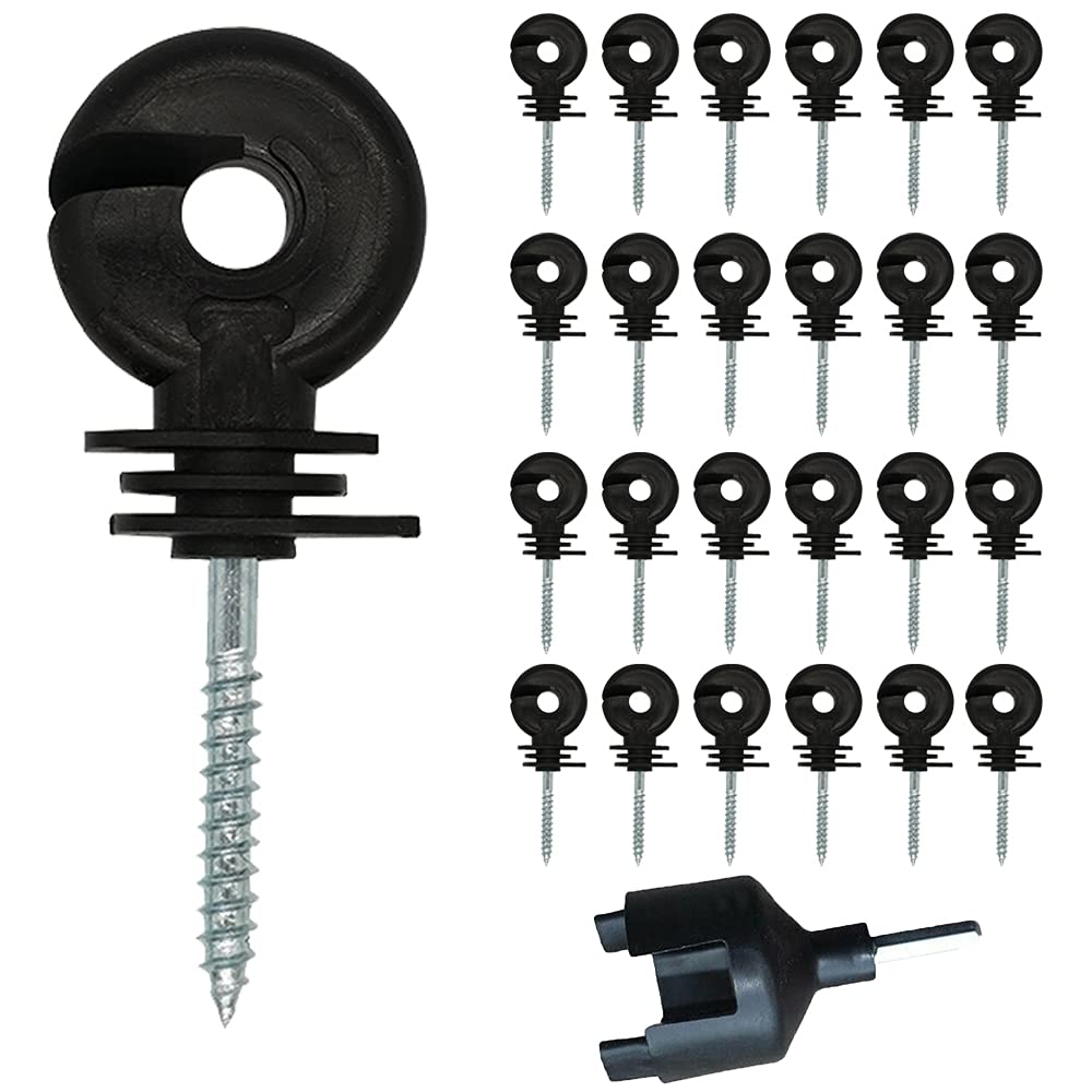 Barafat 25-pcs electric fence insulator ring screw-in installed on timber post for secure wiring.