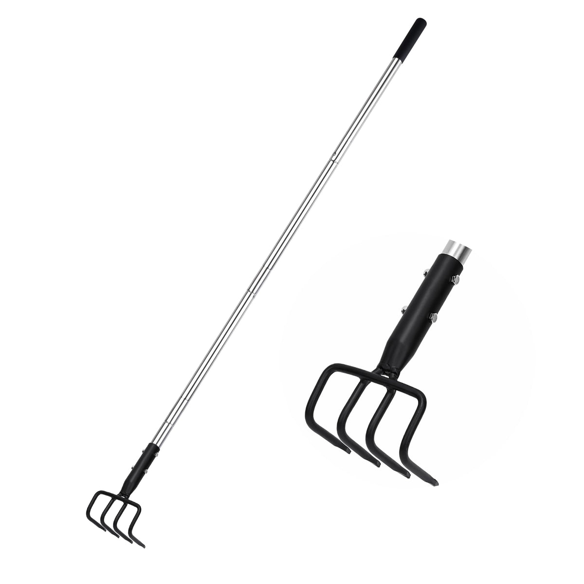 BARAYSTUS long hand cultivator with extendable handle for efficient soil tilling.