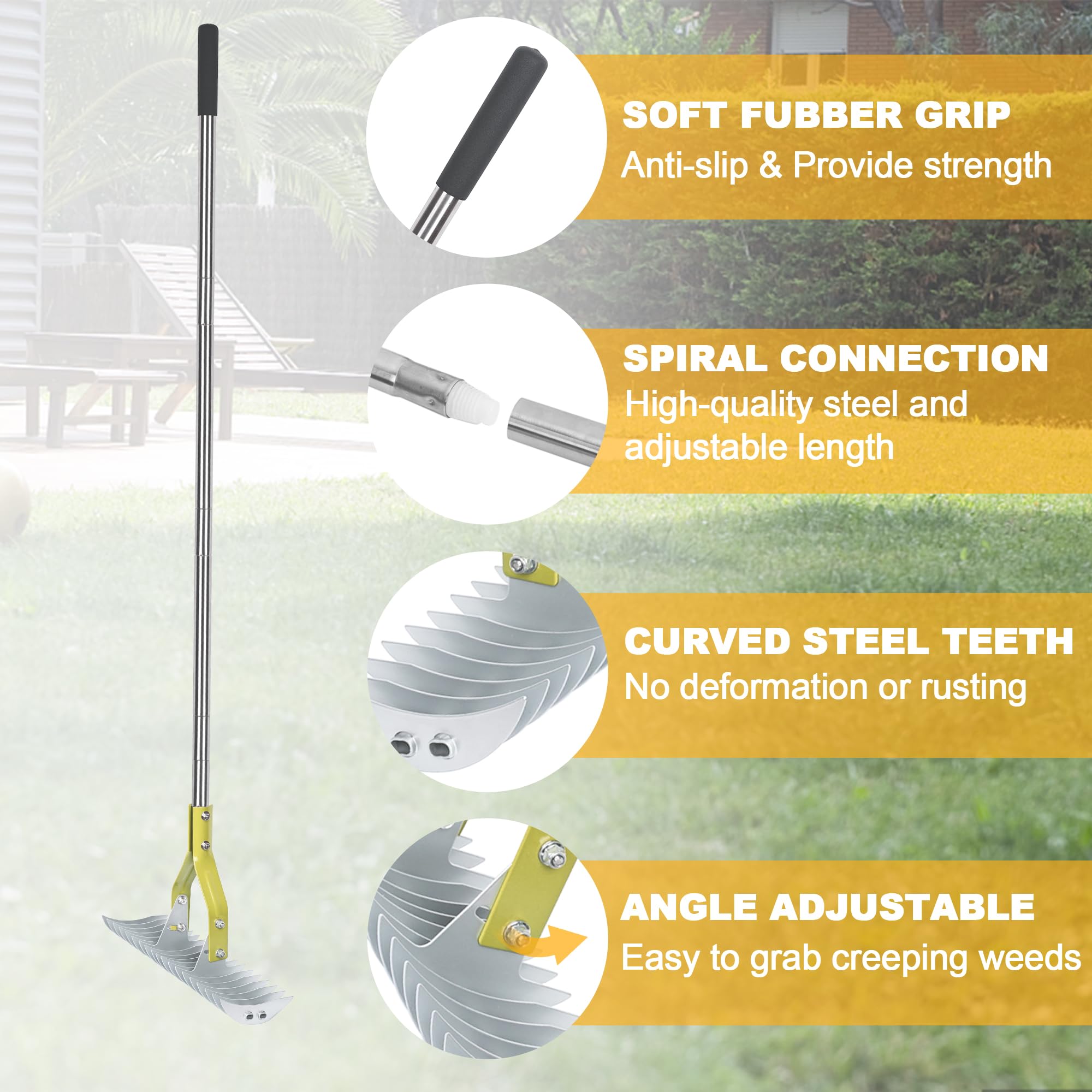 BARAYSTUS Durable carbon steel tines tackle leaves and debris with ease.