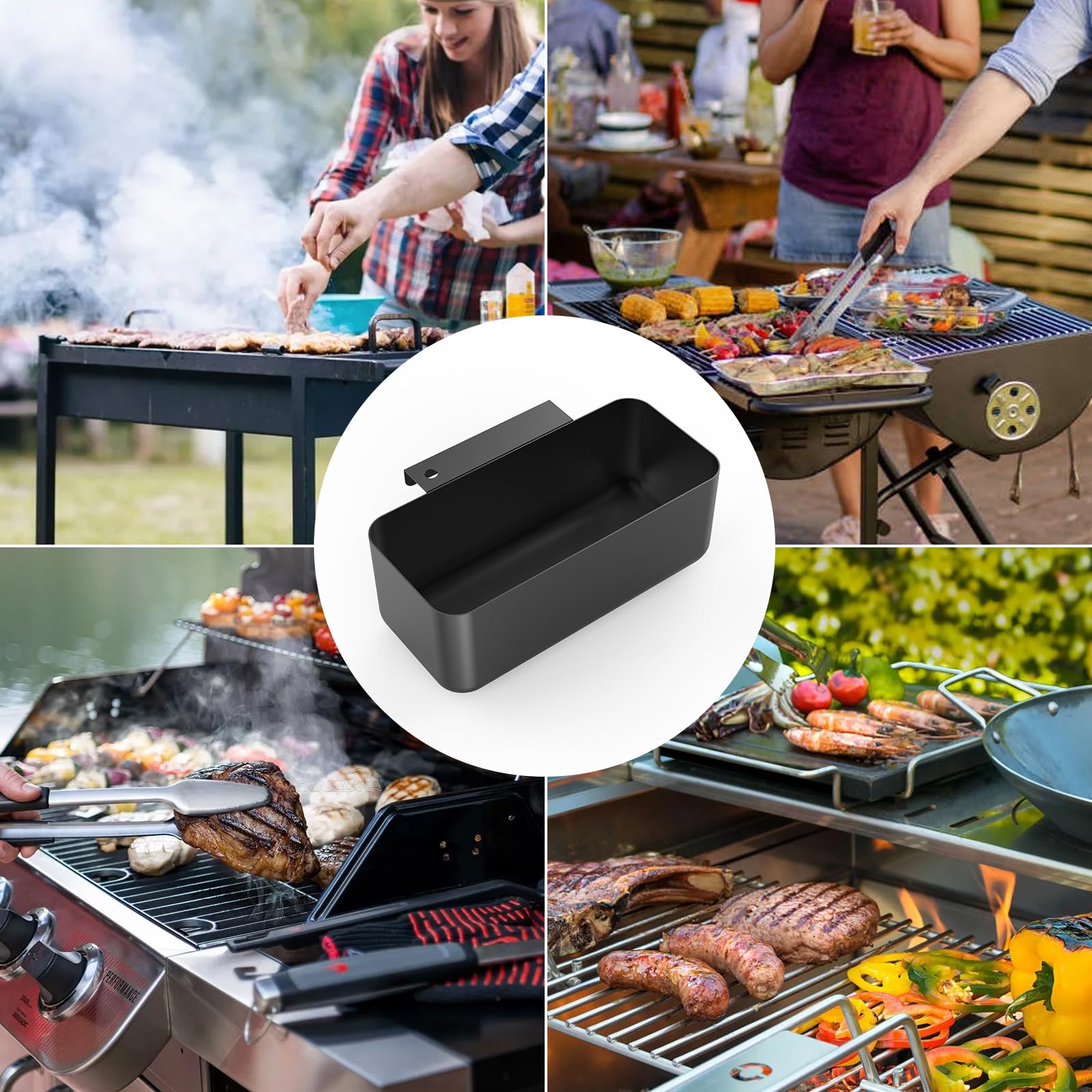 Barbqtime grease cup installs quickly by hooking to side racks for mess-free cooking.