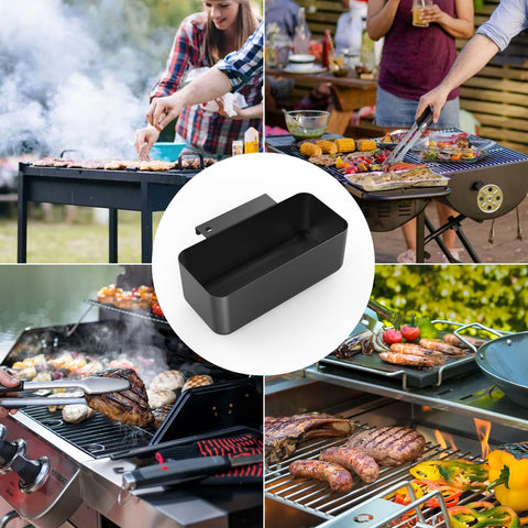 Barbqtime grease cup installs quickly by hooking to side racks for mess-free cooking.