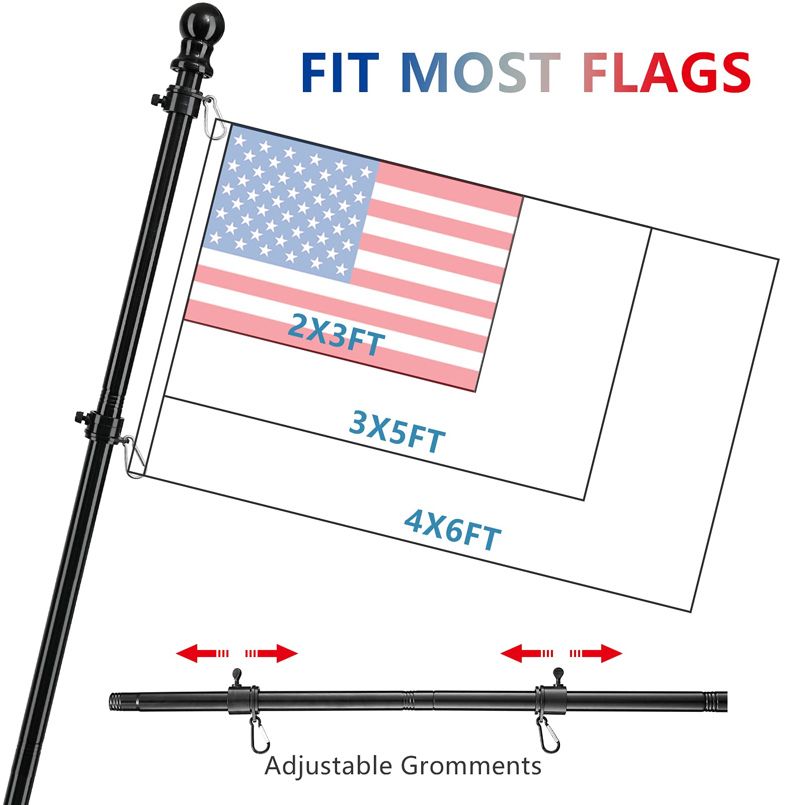Barcetine adjustable flag pole with grommets for sizes.