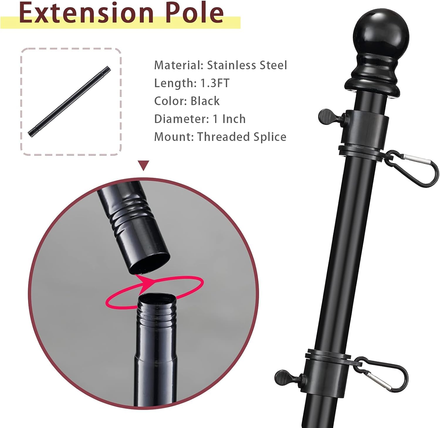 Barcetine extension pole with threaded splice for quick, secure connection.