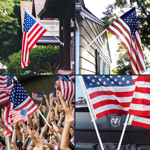 Barcetine flag pole mounted on car or boat supports portable flag displays.