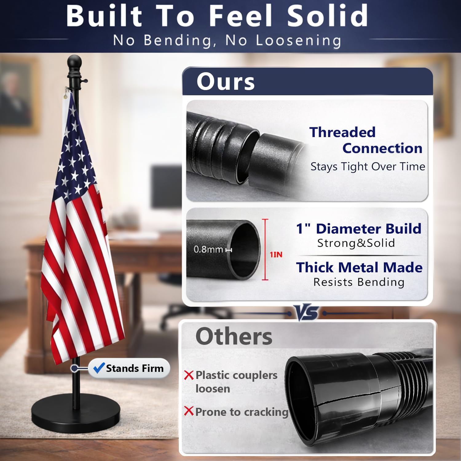 Barcetine 1-inch stainless flag pole resists bending for a crisp indoor presentation