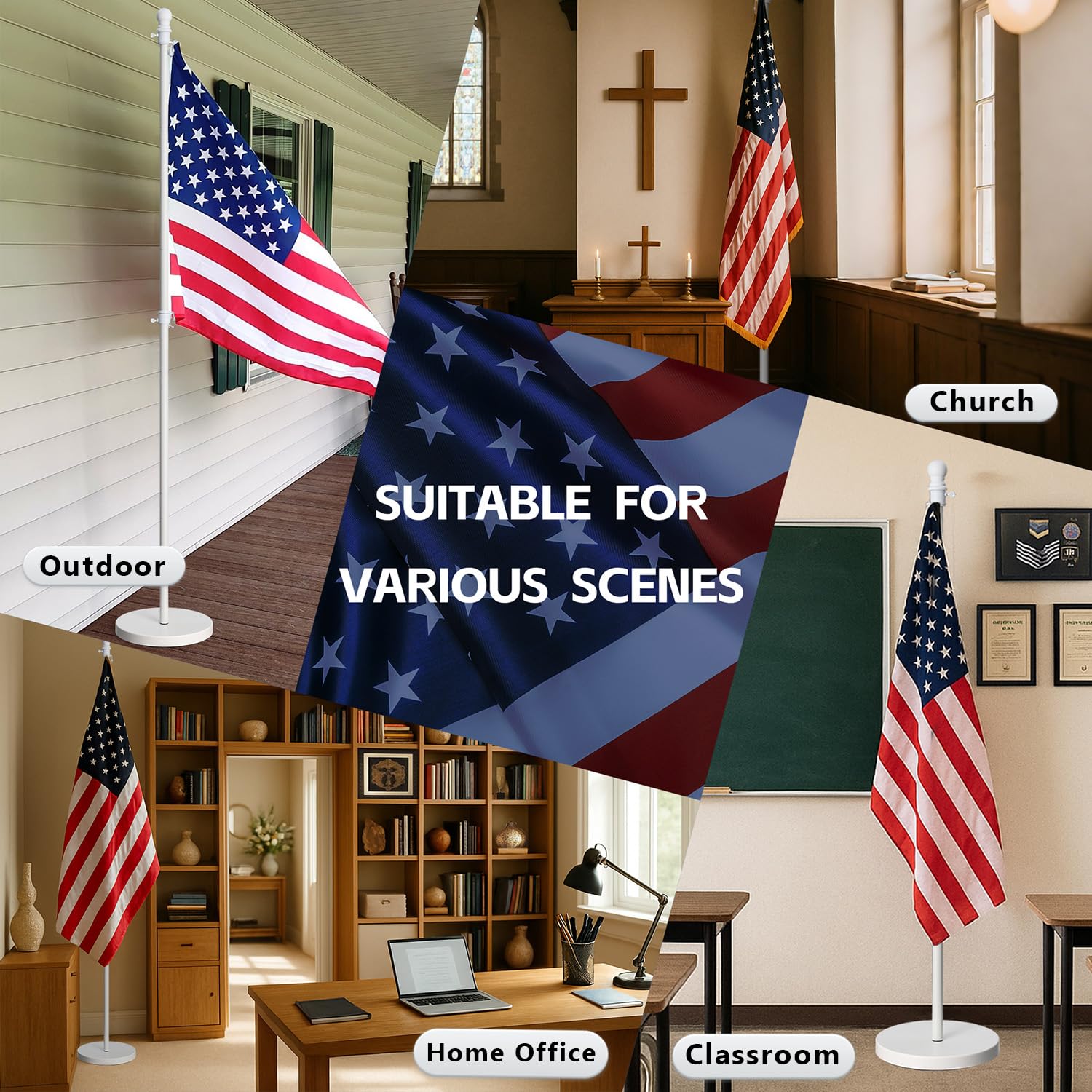 Barcetine flag stand white finish complements flags with a professional look