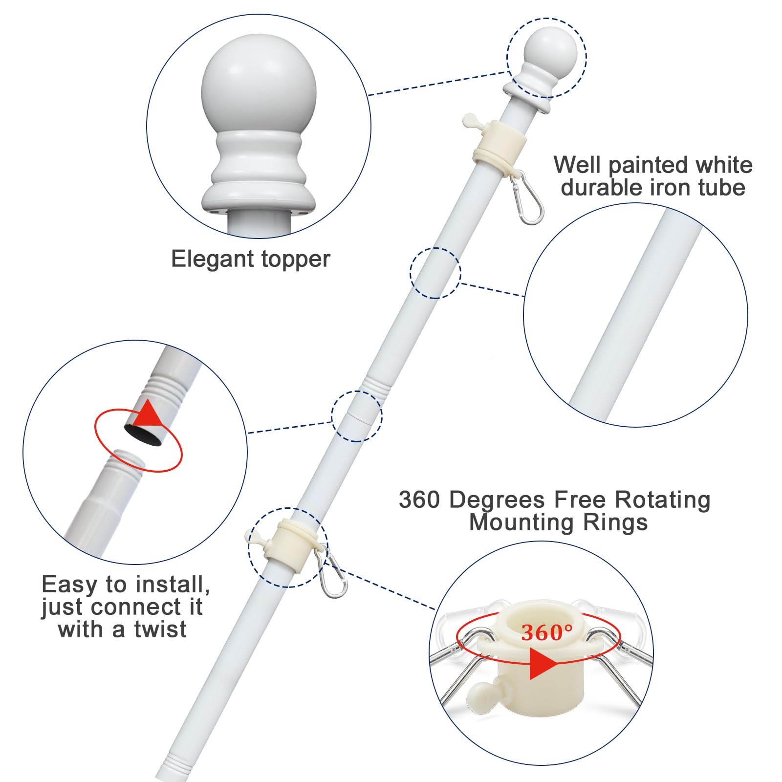 Barcetine metal bracket securely mounts the flag pole to your home or porch.