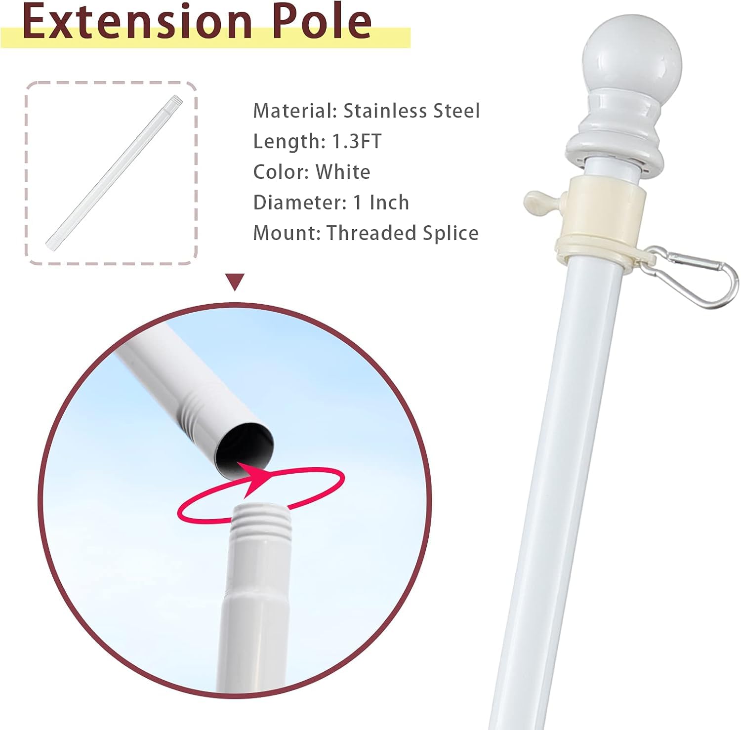 Barcetine stainless steel extension pole with threaded connection for easy splicing