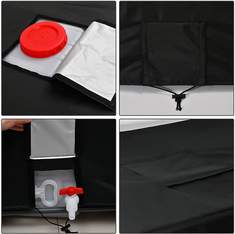 Barlic IBC tote cover with four windproof straps securing the tank.