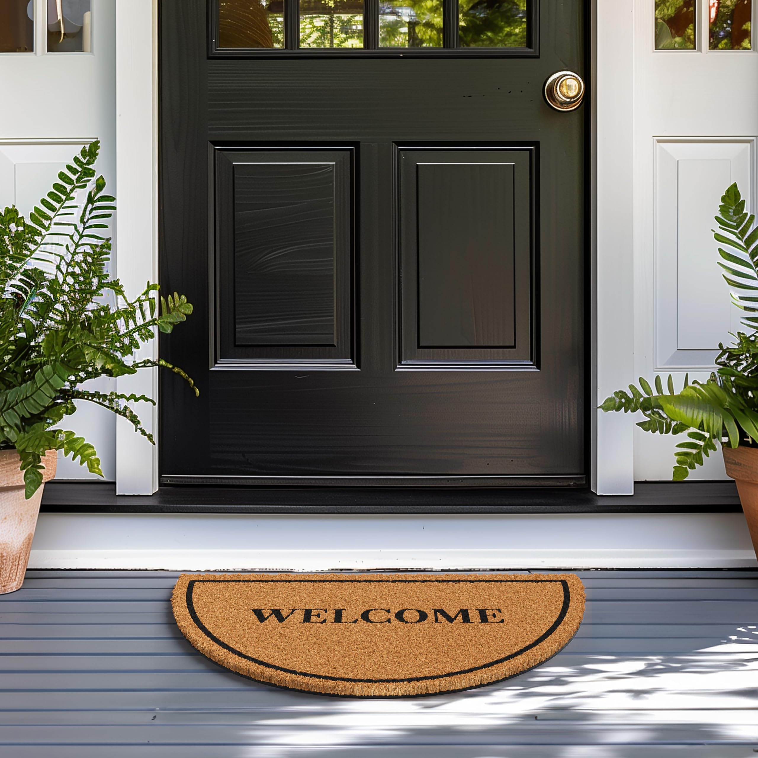 Barnyard Designs doormat with non-slip backing stays in place.