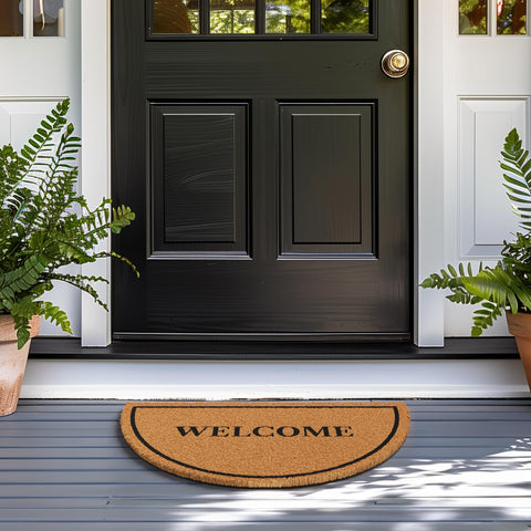 Barnyard Designs doormat with non-slip backing stays in place.