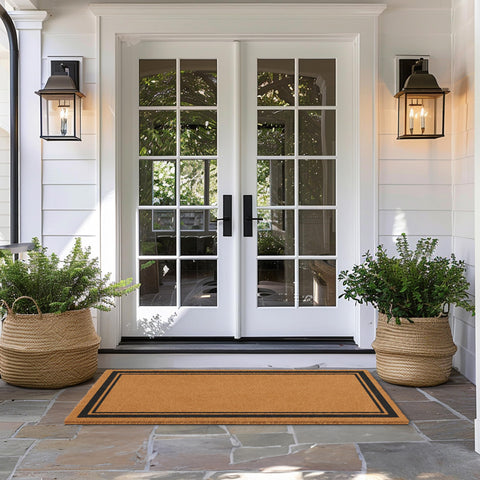 Barnyard Designs front door welcome mat showing natural coir texture.