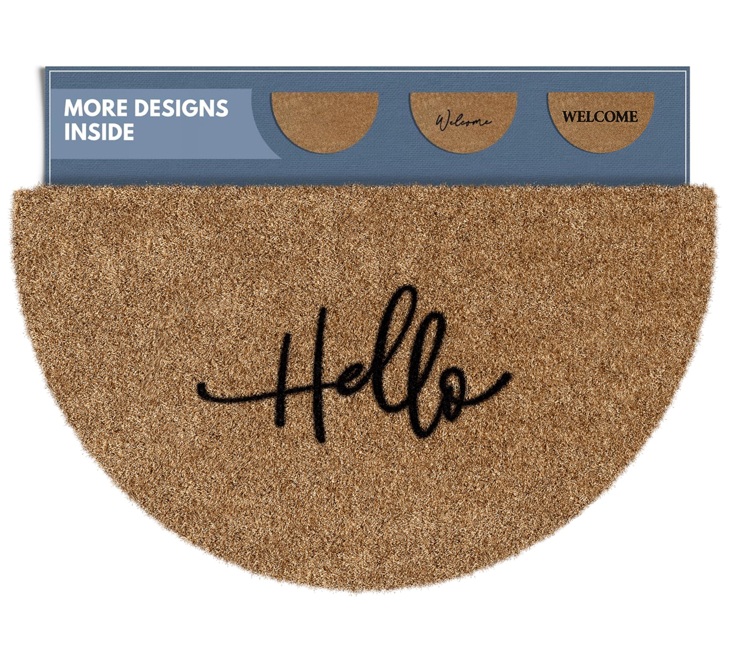 Barnyard Designs half-moon welcome mat at front door for outdoor use, durable and inviting.