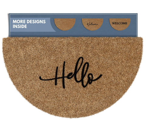 Barnyard Designs half-moon welcome mat at front door for outdoor use, durable and inviting.
