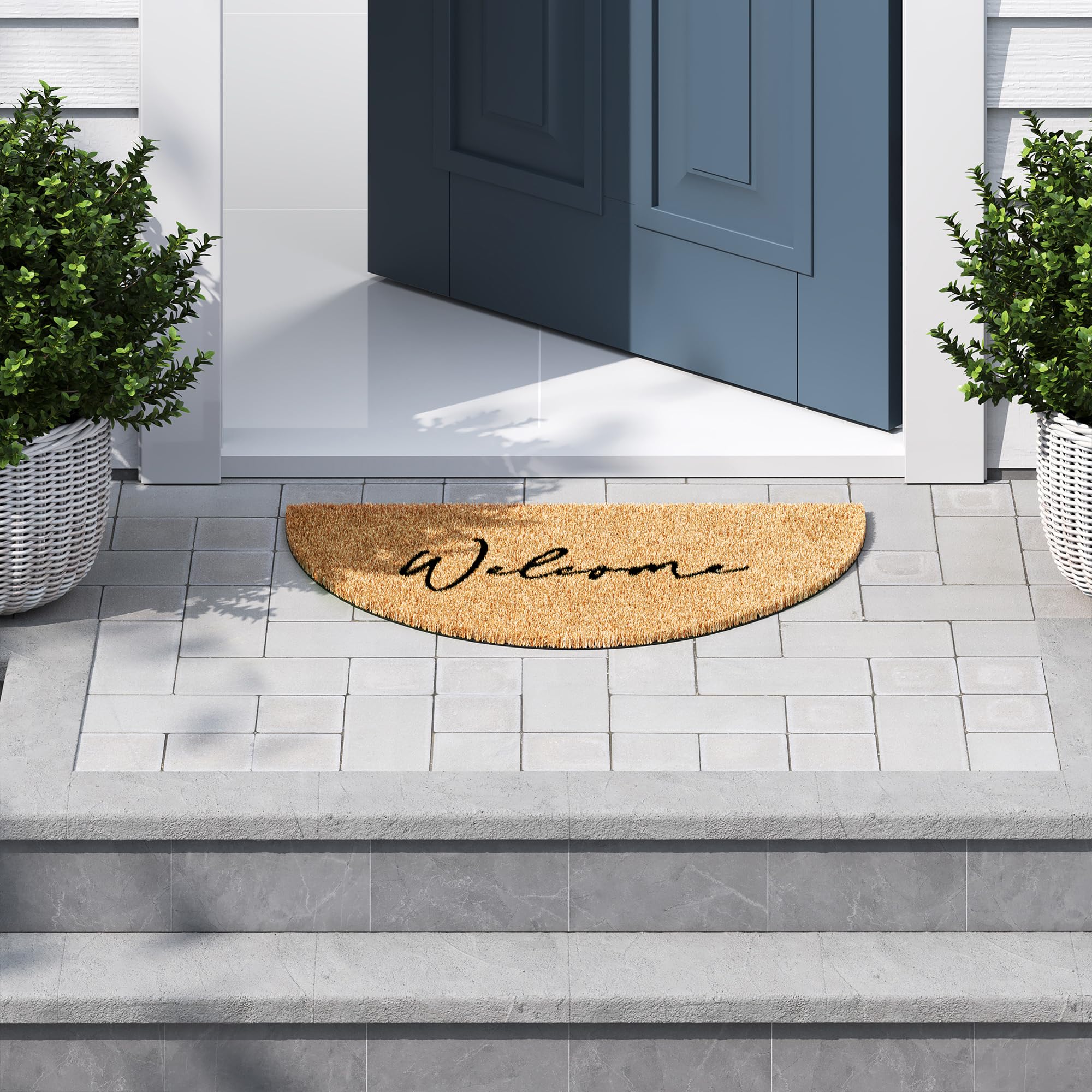 Barnyard Designs Half Moon Welcome Mat designed for outdoor use weather resistance.