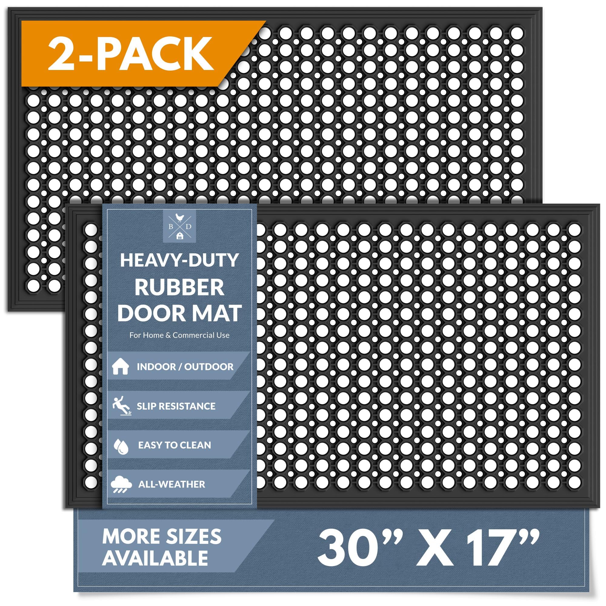 Barnyard Designs heavy-duty rubber door mat with drainage holes keeps entryways dry.