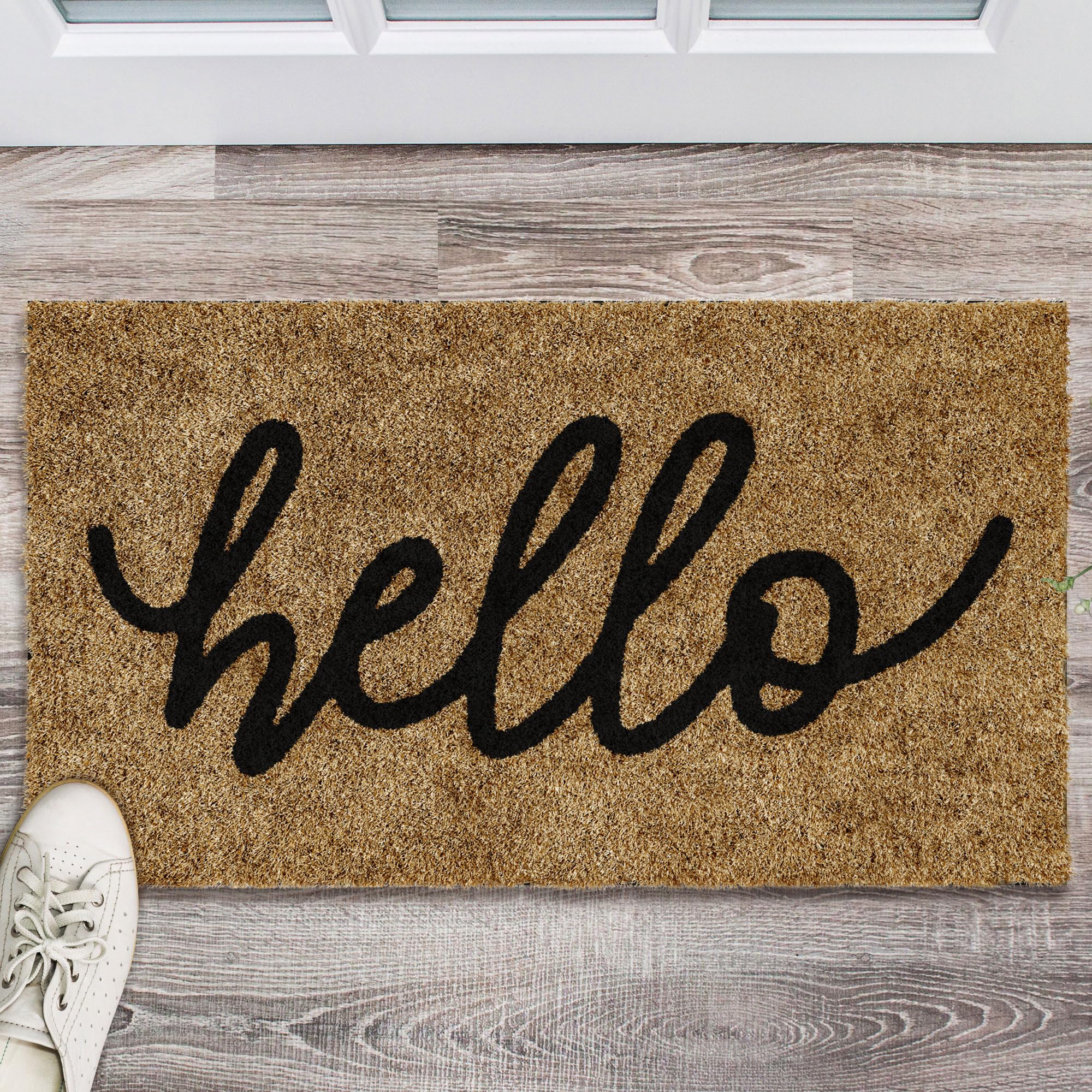Barnyard Designs Hello doormat all-weather design handles outdoor use.