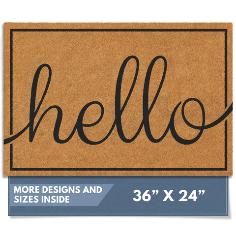 Barnyard Designs Hello doormat at the front door greets guests with bold welcome text