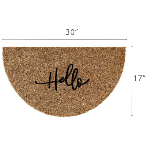 Barnyard Designs half-moon welcome mat with bold Hello message at doorstep.