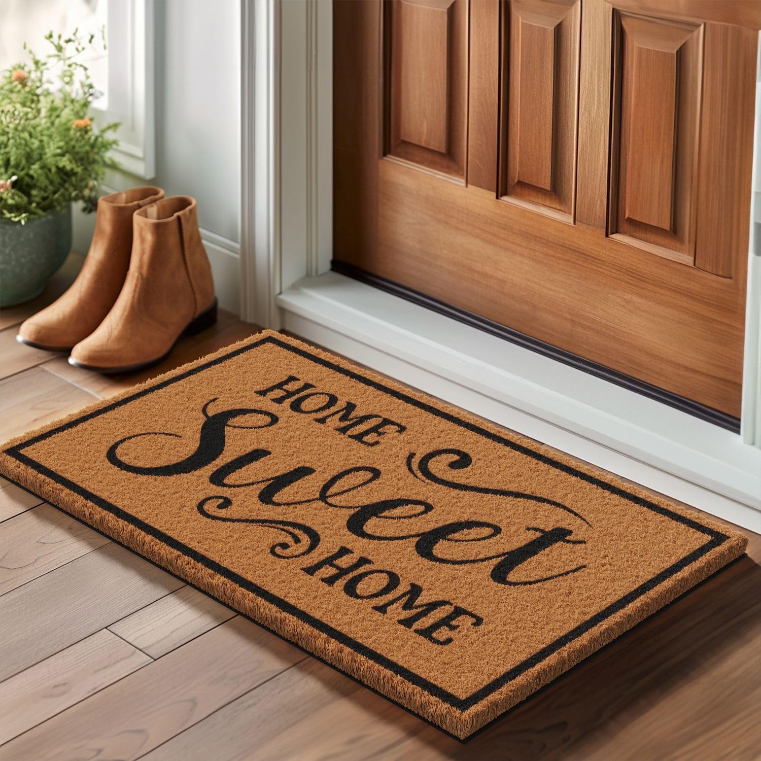 Barnyard Designs natural coco coir doormat texture shows durable fibers for mud and dirt