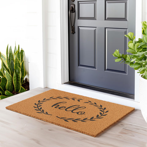 Barnyard Designs natural coco coir doormat in brown, durable outdoor use.