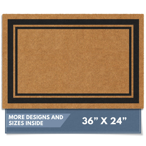 Barnyard Designs natural coco coir doormat with brown border welcomes guests outdoors