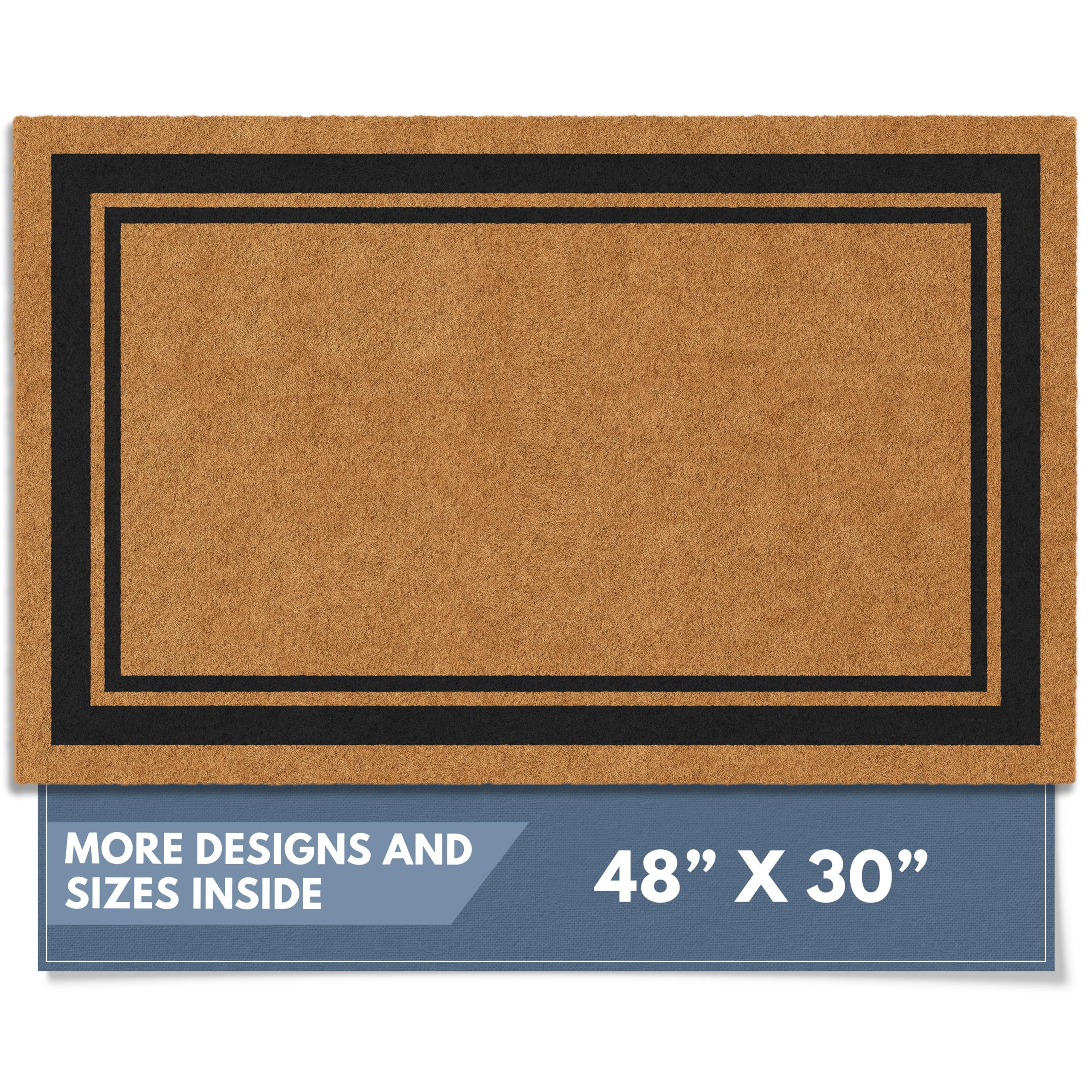 Barnyard Designs natural coir doormat with border for scraping dirt outside.