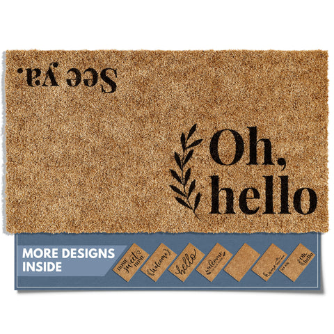 Barnyard Designs Oh Hello doormat outdoors with non-slip backing for safe entrances.