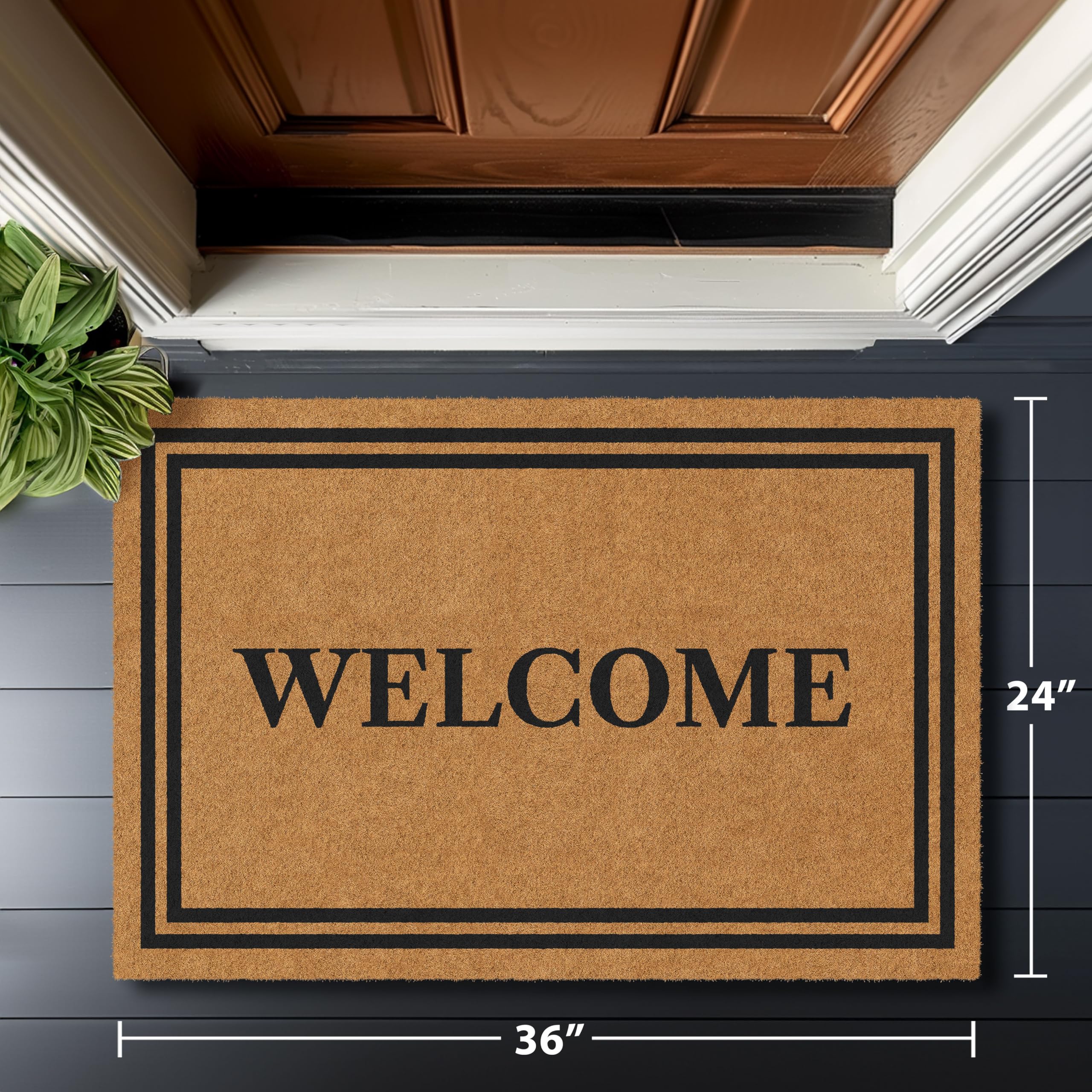 Barnyard Designs welcome mat blends with brown exterior decor.