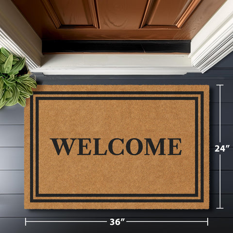 Barnyard Designs welcome mat blends with brown exterior decor.
