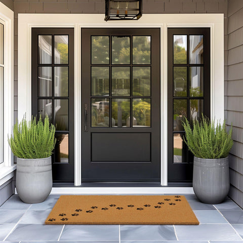 Barnyard Designs paw-themed welcome mat adds pet-friendly curb appeal.