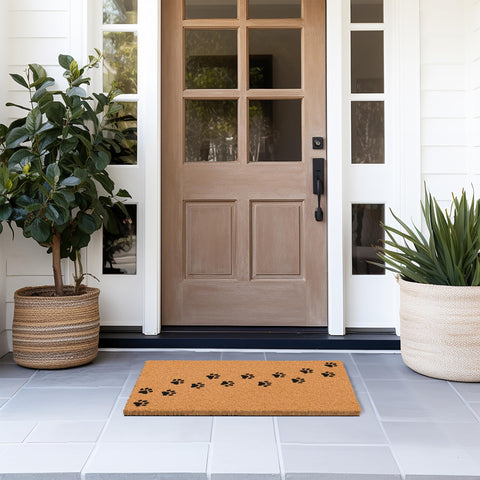 Barnyard Designs paw print welcome mat placed on an outdoor entrance