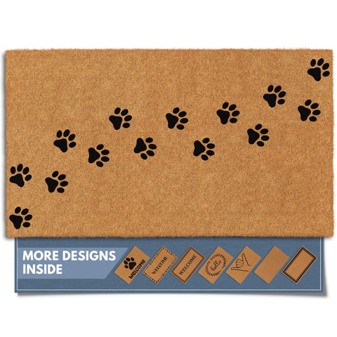 Barnyard Designs paw prints doormat at front door highlighting welcoming design and outdoor use