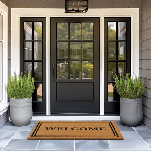 Barnyard Designs rectangular border with Welcome text adds curb appeal.