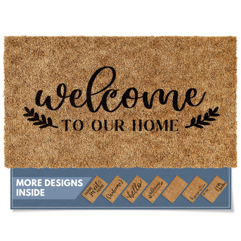 Barnyard Designs welcome doormat at front door showcases bold lettering for curb appeal and easy entry.
