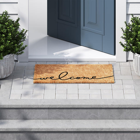 Barnyard Designs brown welcome mat for outdoor front porch, improving visibility