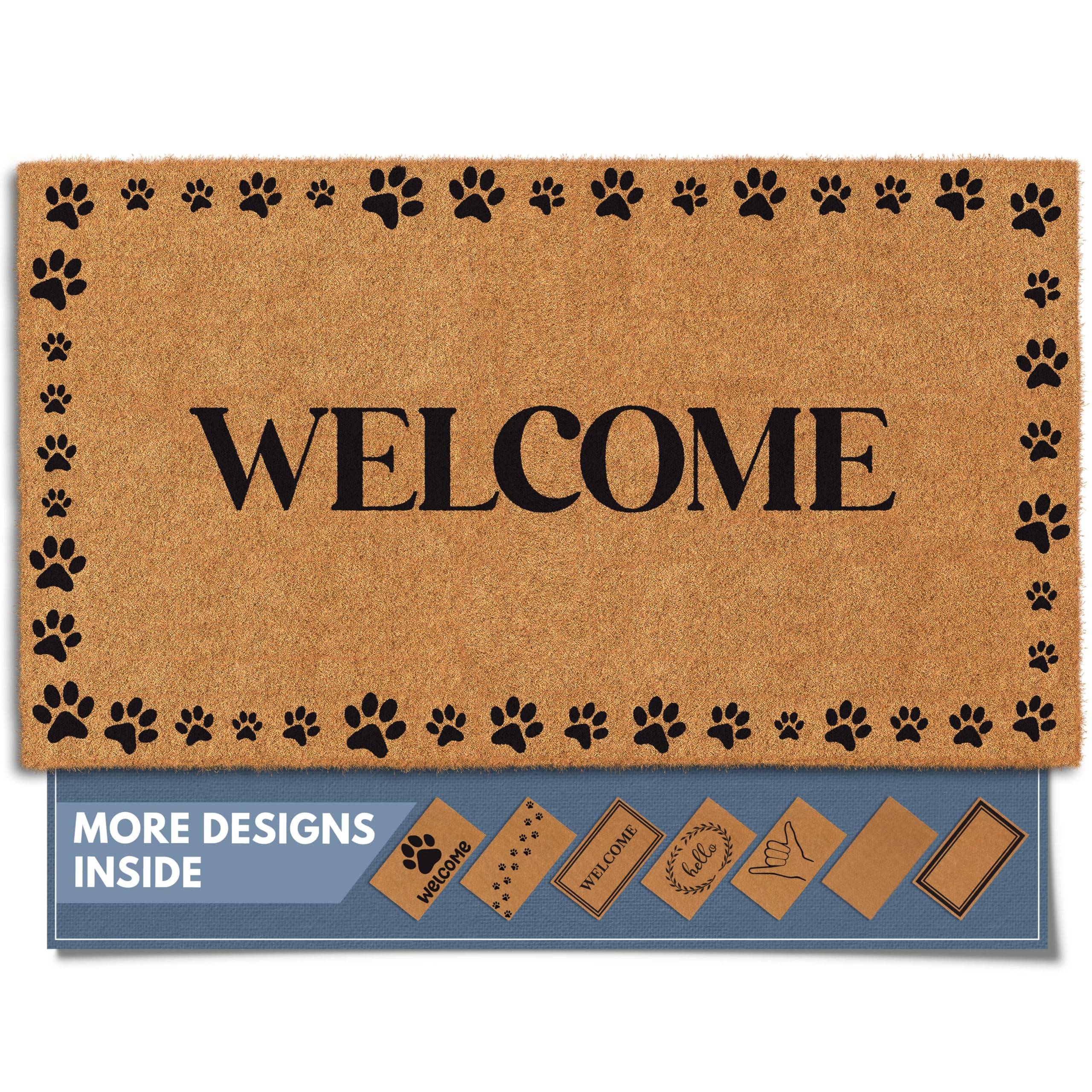Barnyard Designs Welcome Paws doormat at front door for pet-friendly welcome