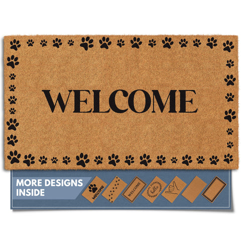 Barnyard Designs Welcome Paws doormat at front door for pet-friendly welcome