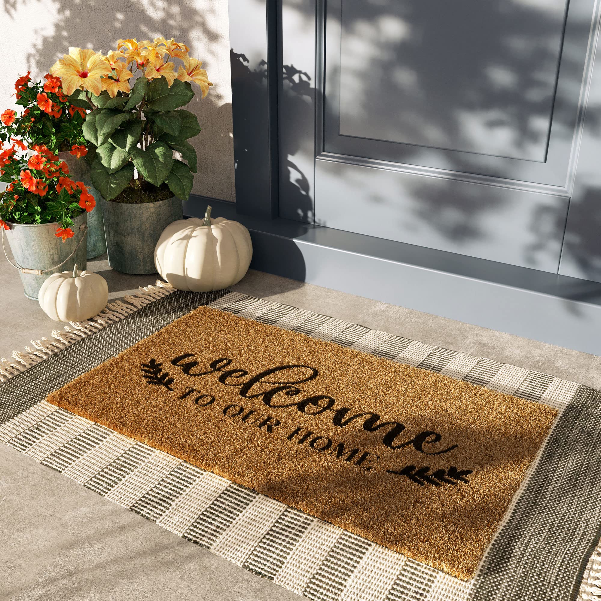 Barnyard Designs welcome text closeup highlights large, readable message for visitors.