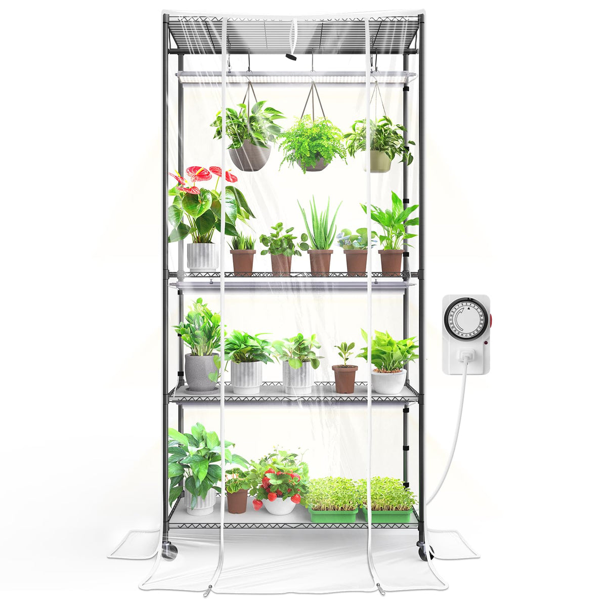 Barrina CX3Z indoor greenhouse front view with four-tier stand and integrated grow lights.
