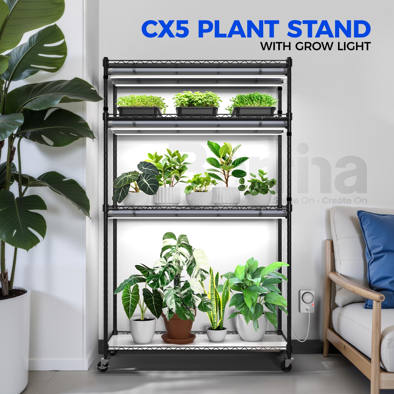 Barrina CX5 four-tier shelf side view showcasing compact greenhouse setup
