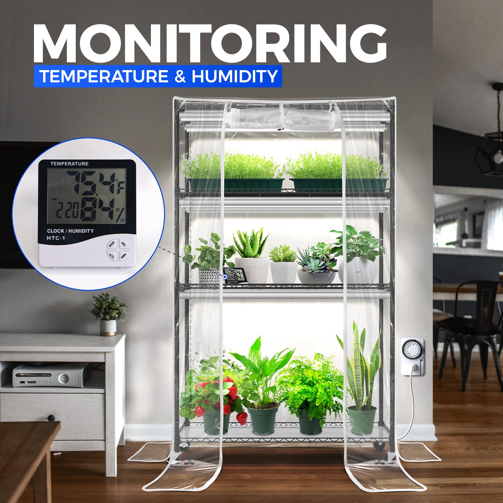 Barrina CX5Z indoor greenhouse side view highlighting the four-tier frame and compact footprint.