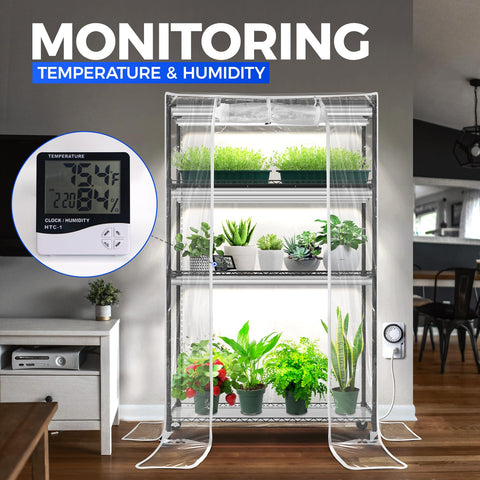Barrina CX5Z indoor greenhouse side view highlighting the four-tier frame and compact footprint.