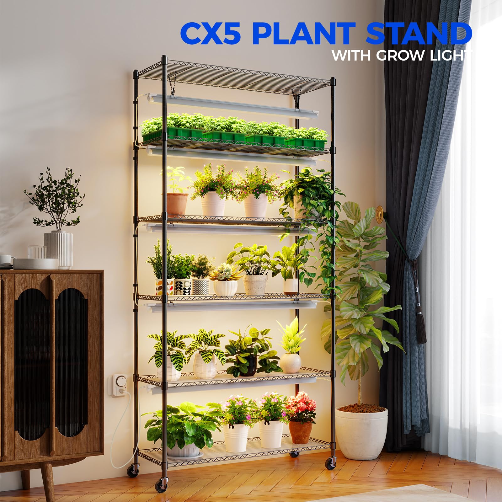 Barrina CX6 six-tier shelf fits indoors, saving space while displaying plants.