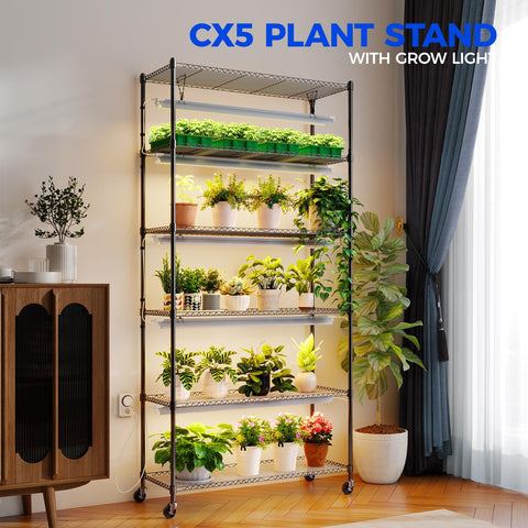 Barrina CX6 six-tier shelf fits indoors, saving space while displaying plants.