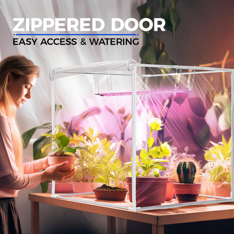 Barrina compact greenhouse on desk enables year-round seedling care and easy access.