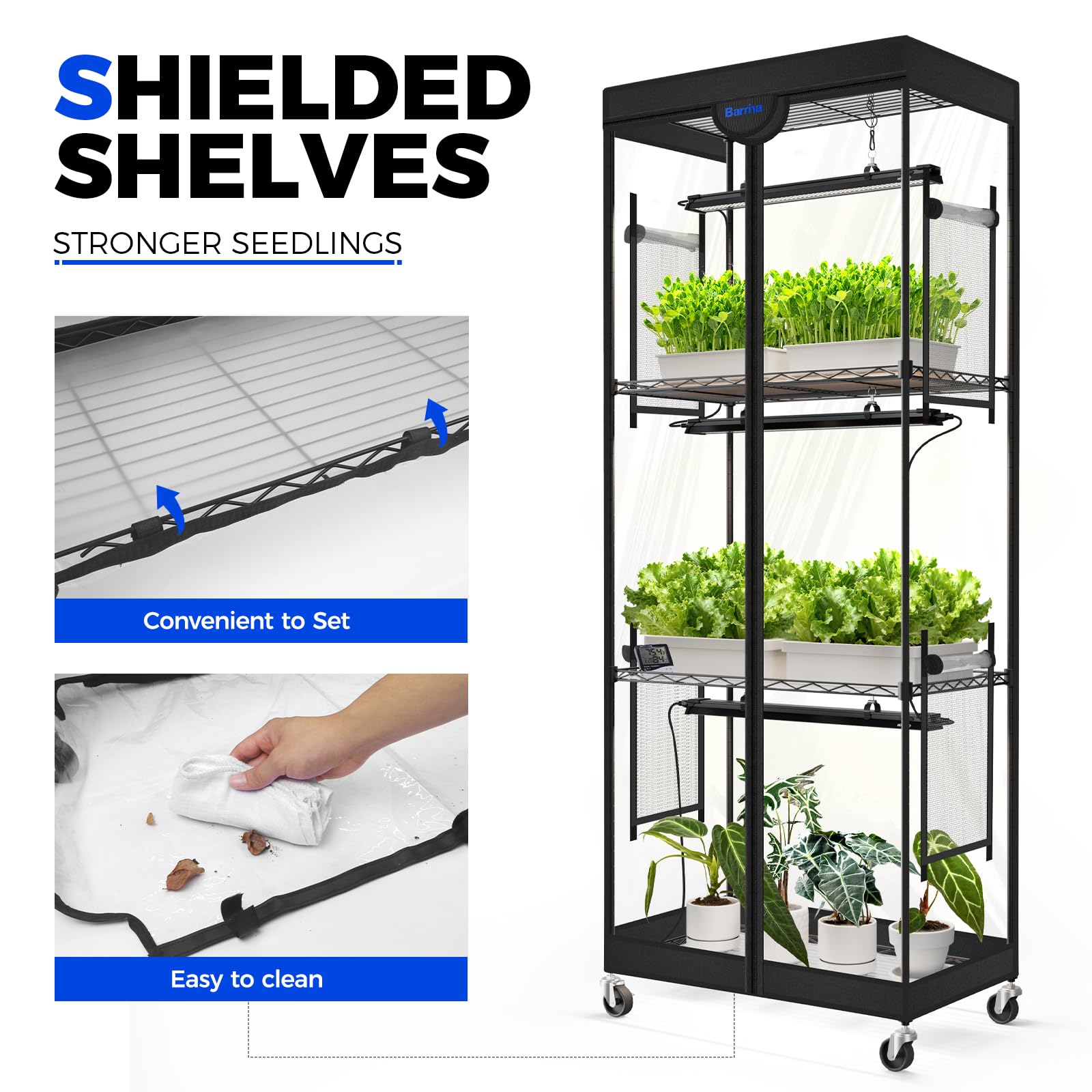 Barrina LP600 adjustable shelves adapt to tall plants and seedlings.