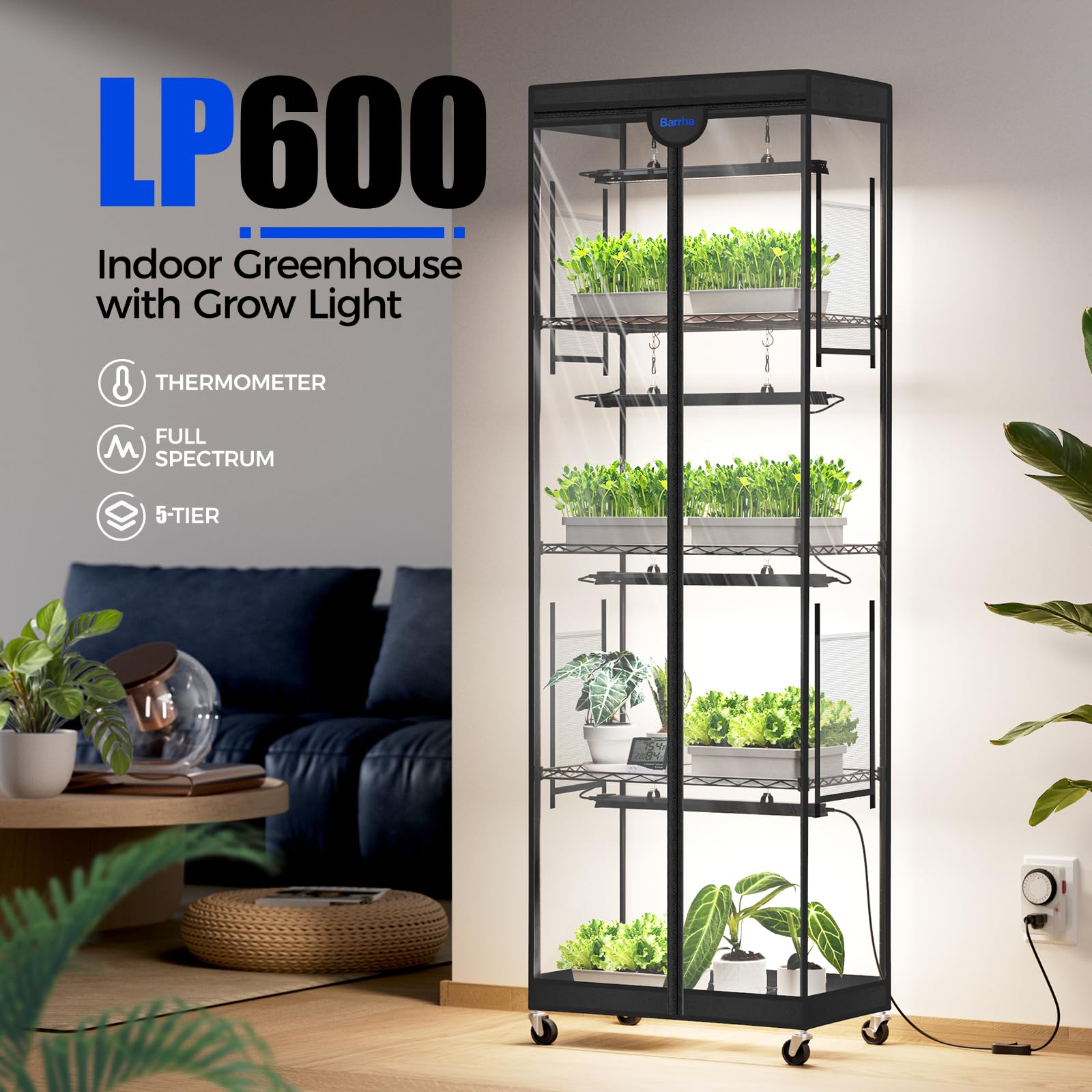 Barrina LP600 interior with grow lights promoting robust photosynthesis.